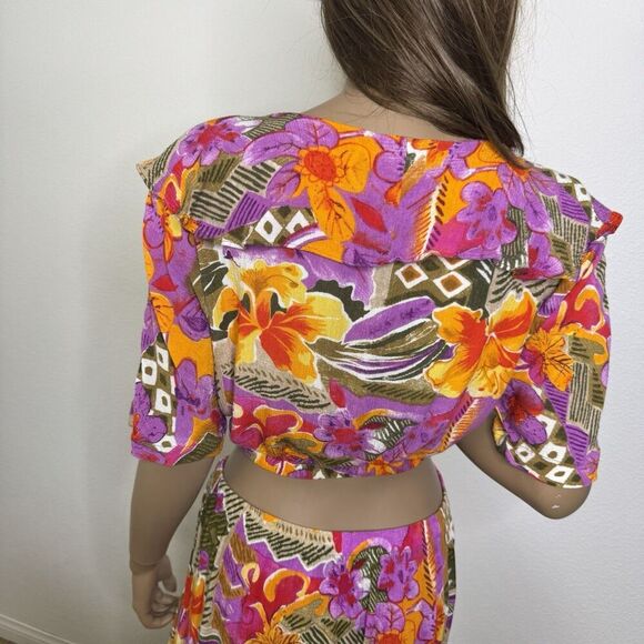 Vintage 2 Piece Skirt / Top Set Medium Large Tropical Floral Pink Resort Vibrant - Picture 9 of 13